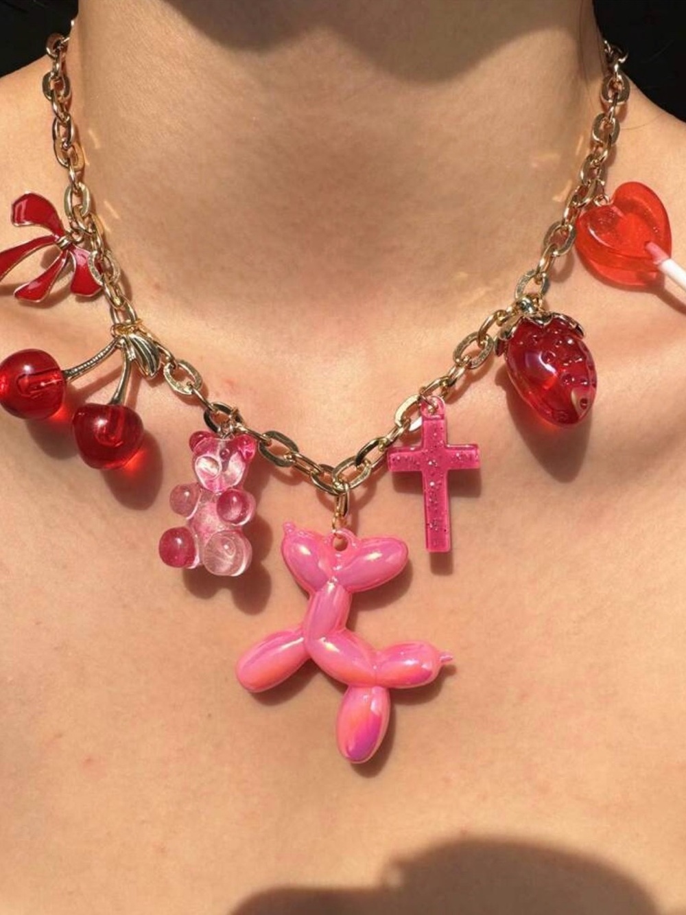 Gold Chain Charm Necklace with Pink Balloon Dog & Red Charms